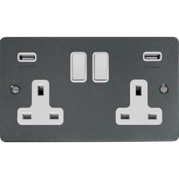 flat pewter double socket with usb (white switches) front fc20825