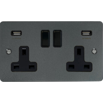 flat pewter double socket with usb (black switch) front fc20825