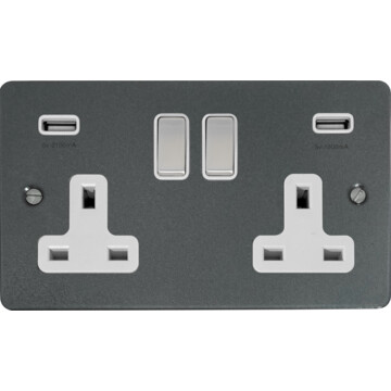 flat pewter double socket with usb (white insert/steel switches) front fc20825