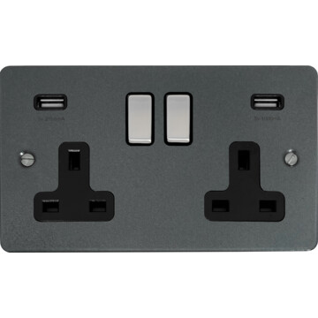 flat pewter double socket with usb (black insert/steel switches) front fc20825