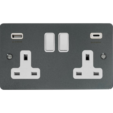 flat pewter double socket with usb (2 gang/usb a and usb c/white switches) front fc20825