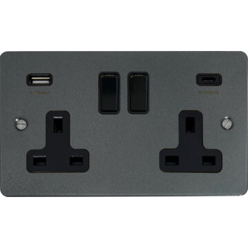 flat pewter double socket with usb (2 gang/usb a and usb c/black switch) front fc20825