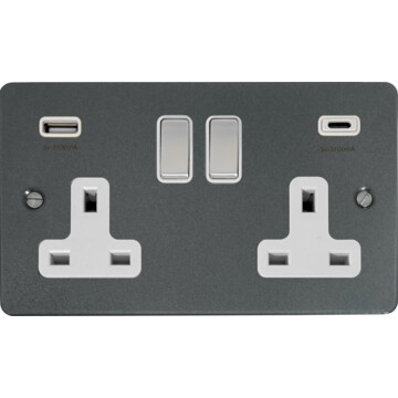 flat pewter double socket with usb (2 gang/usb a and usb c/white inserts/steel switches) front fc20825