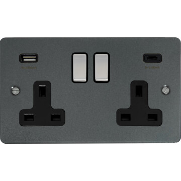 flat pewter double socket with usb (2 gang/usb a and usb c/black insert/steel switches) front fc20825