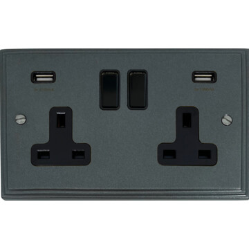 pewter double socket with usb (black insert/black switch) front fc20825