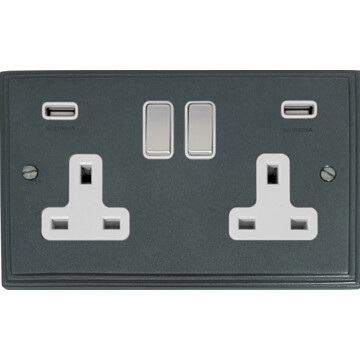 pewter double socket with usb (white insert/satin chrome switch) front fc20825
