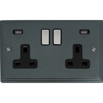 pewter double socket with usb (black insert/satin chrome switch) front fc20825