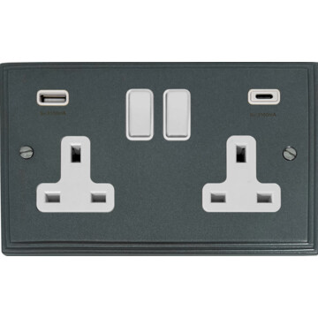 pewter double socket with usb (usb a and usb c/white switches) front fc20825