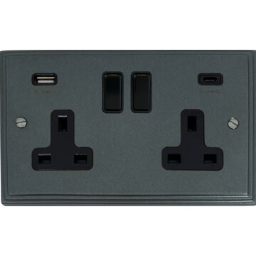 pewter double socket with usb (usb a and usb c/black switches) front fc20825