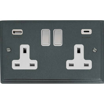 victorian pewter double socket with usb (usb a and usb c/white inserts/satin chrome switches) front fc20825
