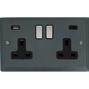 victorian pewter double socket with usb (usb a and usb c/black inserts/satin chrome switches) front fc20825