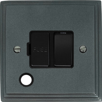 pewter switched fused spur with flex outlet (black switch) front fc20825