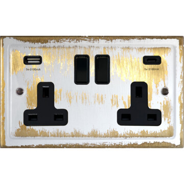 trimline dover bronze double socket with usb (usb a and usb c/black switches) front fc20825
