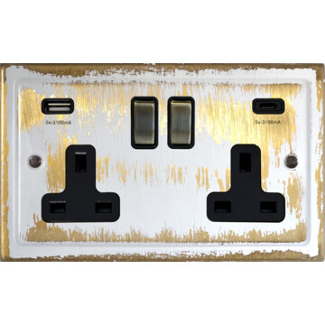 trimline dover bronze double socket with usb (usb a and usb c/antique brass switches) front fc20825