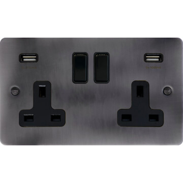 flat slate effect double socket with usb (black switches) front fc20825