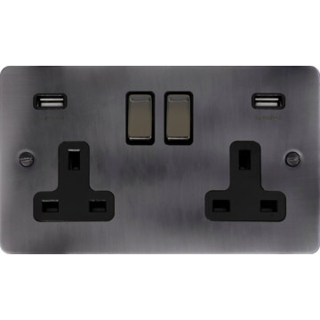 flat slate effect double socket with usb (black nickel switches) front fc20825