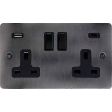 flat slate effect double socket with usb (usb a and usb c/black switches) front fc20825