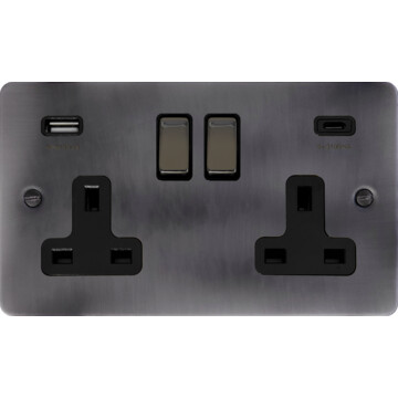 flat slate effect double socket with usb (usb a and usb c/black nickel switches) front fc20825