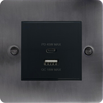 flat slate effect usb charger (dual usb a + c quick charge) (1 gang/black insert) front fc20825