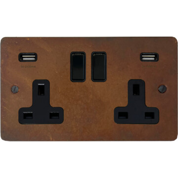 flat rust double socket with usb (black switches) front fc20825
