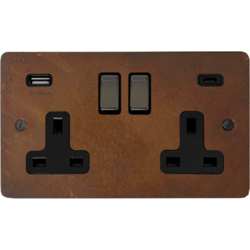 flat rust double socket with usb (usb a and usb c/metal switches) front fc20825