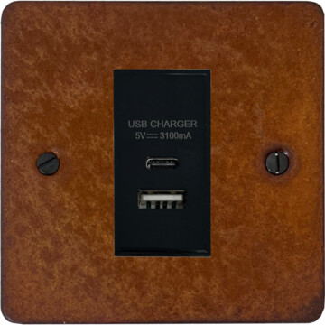flat rust usb charger (usb a and usb c) (1 gang/black insert) front fc20825