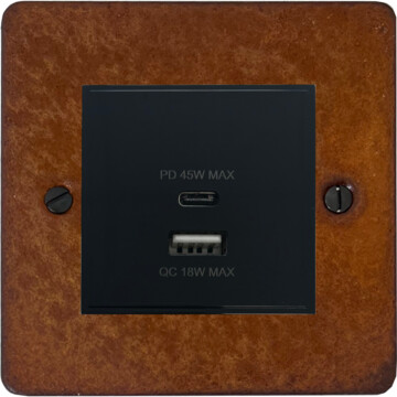 flat rust usb charger (dual usb a + c quick charge) (1 gang/black insert) front fc20825