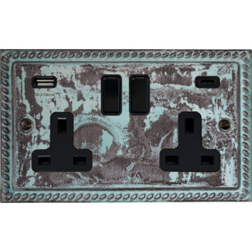 monarch verdigris double socket with usb (usb a and usb c/black switches) front fc20825