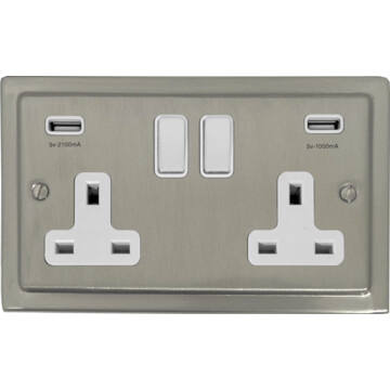 satin nickel socket with usb (double socket/white switches) front fc20825