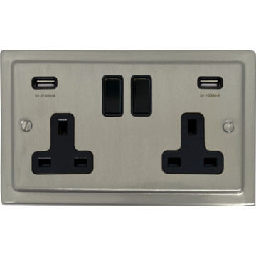 satin nickel socket with usb (double socket/black switches) front fc20825