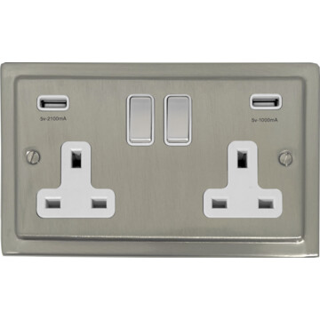 satin nickel socket with usb (double socket/metal switches/white insert) front fc20825
