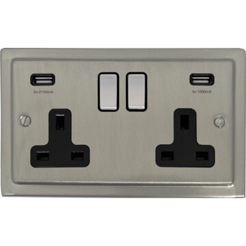 satin nickel socket with usb (double socket/metal switches/black insert) front fc20825