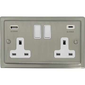 satin nickel double socket with usb (usb a and usb c/black switches) front fc20825