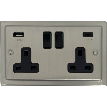 satin nickel socket with usb (usb a and usb c/black switches) front fc20825