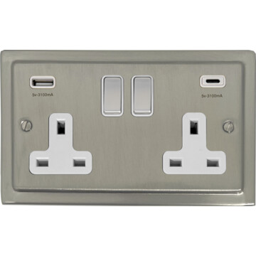 satin nickel double socket with usb (usb a and usb c/white isert/matching switches) front fc20825