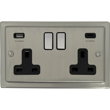 satin nickel socket with usb (usb a and usb c/black insert/matching switches) front fc20825