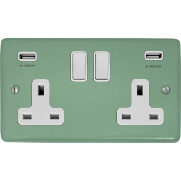 contour sage green double socket with usb (white switches) front fc20825