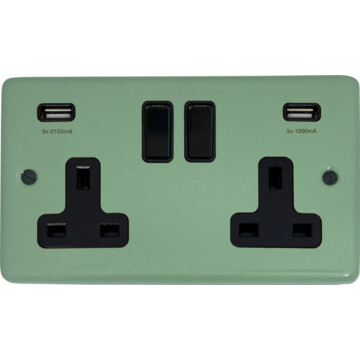 contour sage green double socket with usb (black switches) front fc20825