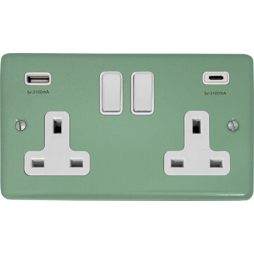 contour sage green double socket with usb (2 gang/usb a and usb c/white switches) front fc20825