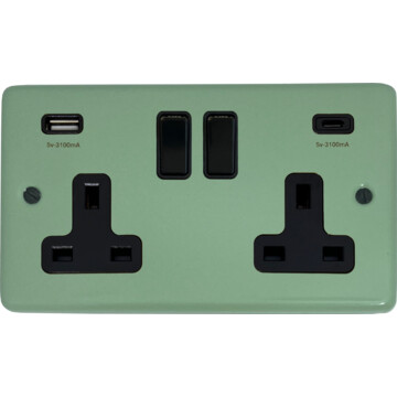 contour sage green double socket with usb (2 gang/usb a and usb c/black switches) front fc20825