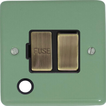 contour sage green switched fused spur with flex outlet (black insert/steel switch) front fc20825