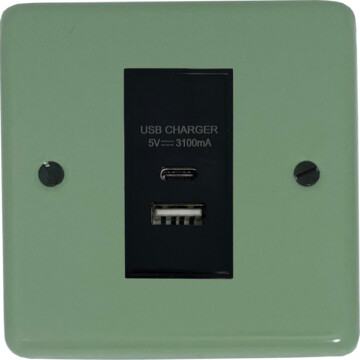 contour sage green usb charger (usb a and usb c) (1 gang/black insert) front fc20825