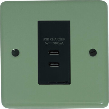 contour sage green usb charger (2x usb c) (1 gang/black insert) front fc20825