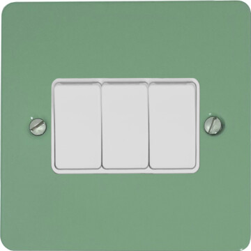 flat sage green light switch (3 gang/white switches) front fc20825