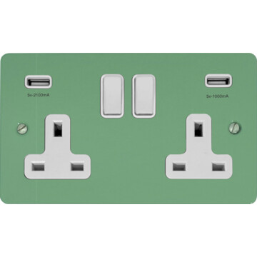 flat sage green double socket with usb (white switches) front fc20825