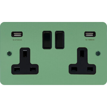 flat sage green double socket with usb (black switch) front fc20825