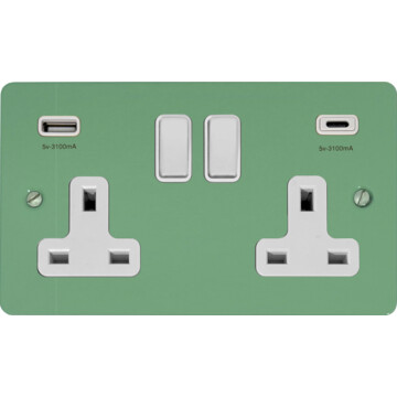 flat sage green double socket with usb (2 gang/usb a and usb c/white switches) front fc20825