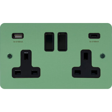 flat sage green double socket with usb (2 gang/usb a and usb c/black switch) front fc20825