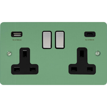 flat sage green double socket with usb (usb a and usb c/steel switches/black inserts) front fc20825