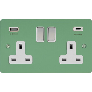 flat sage green double socket with usb (usb a and usb c/steel switch/white inserts) front fc20825